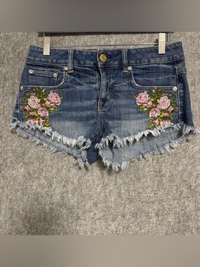 American Eagle Outfitters Blue Denim Shorts with Pink Rose Embroidery